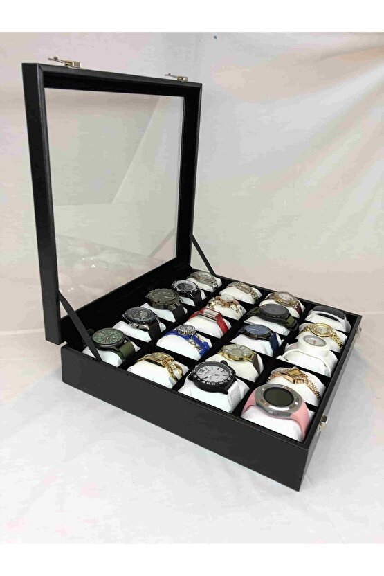 20li Görsel Cam Kapaklı Ahşap Iskelet Suni Deri Kaplı Modern Şık Özel Saat Kutusu