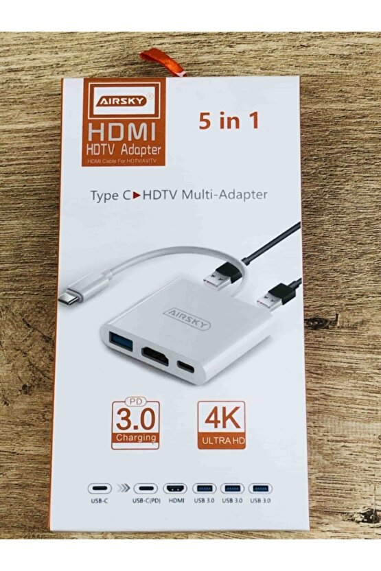 Beyaz Renk 4k Çözünürlük Hdmı + Usb 3.0 + Type C 5in1 Çevirici Dönüştürücü Adaptör Hub
