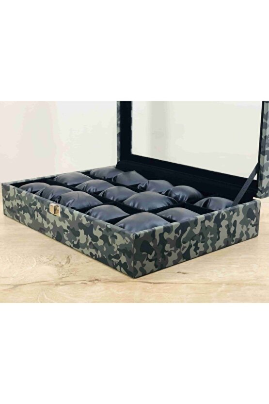 Erkekler İçin Özel Kamuflaj Renk Cam Kapaklı Siyah Yastıklı Kol Saat Kutusu