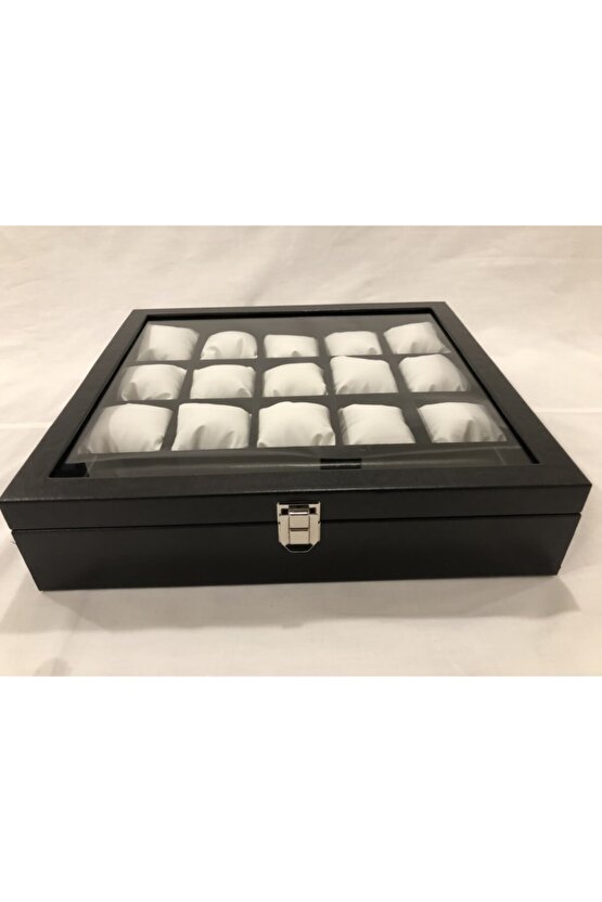 15 Bölmeli Deri Görünümlü Cam Kapklı Kol Saati Bileklik Kolye Yüzük Taki Alyans Kutusu