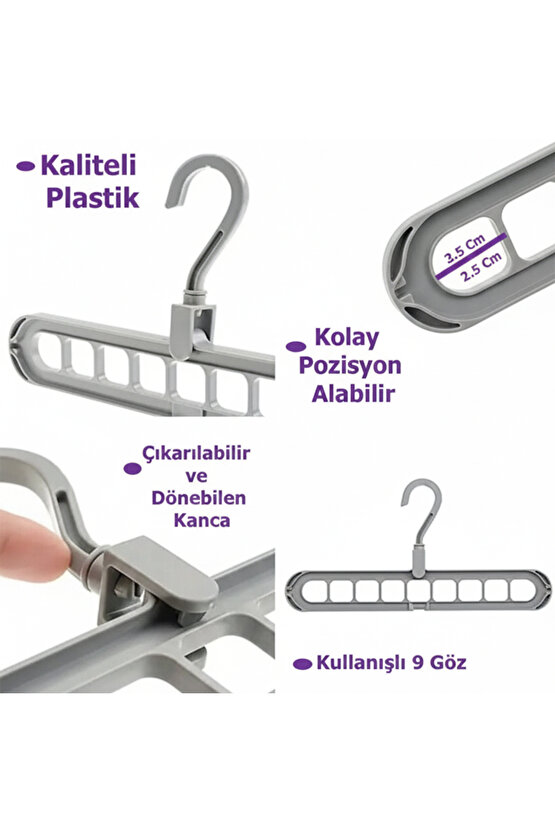 Askı Çoğaltıcı 9 Gözlü Katlanabilir Elbise Askısı Düzenleyici Yatay Dikey Kullanım Organizer 1 ADET