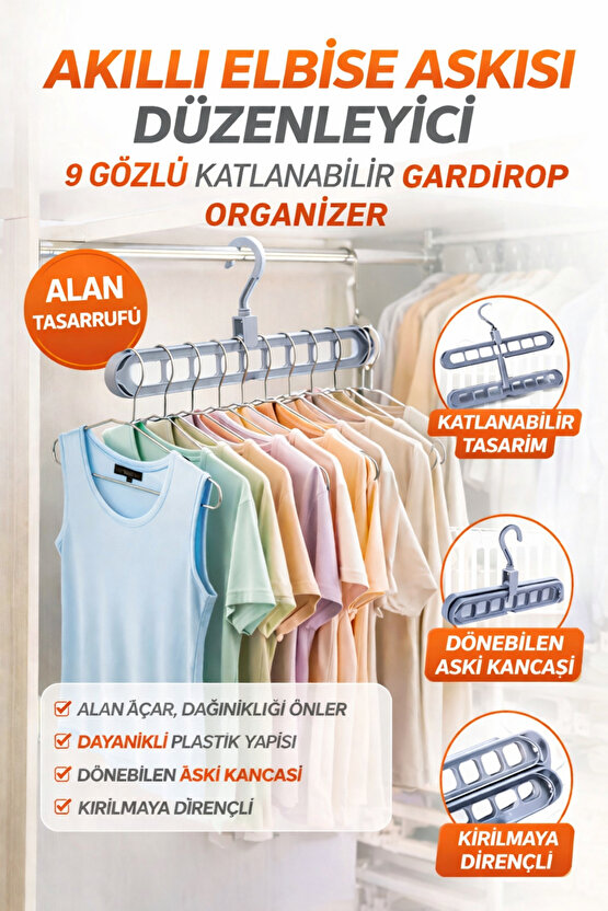 Askı Çoğaltıcı 9 Gözlü Katlanabilir Elbise Askısı Düzenleyici Yatay Dikey Kullanım Organizer 1 ADET