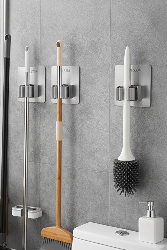 Paslanmaz Çelik Yapışkanlı Mop Tutucu | Klipsli Paspas Tutucu | Banyo Mutfak Temizlik Organizer