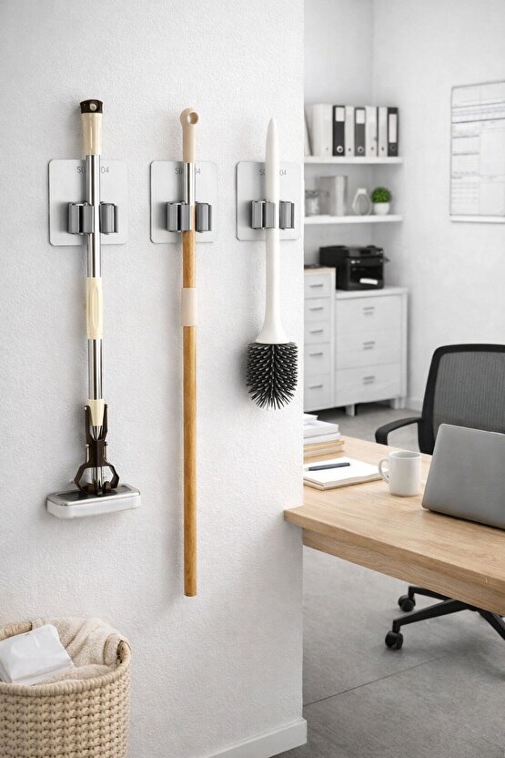 Paslanmaz Çelik Yapışkanlı Mop Tutucu | Klipsli Paspas Tutucu | Banyo Mutfak Temizlik Organizer