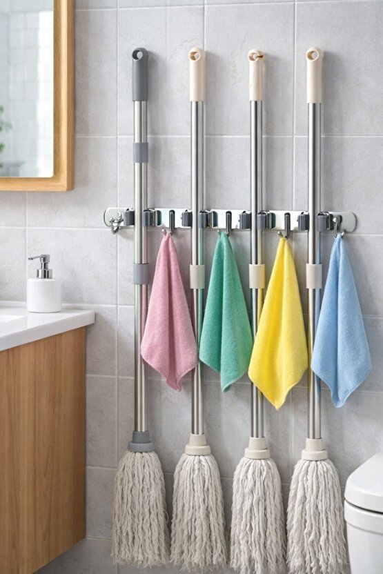 5 Kancalı 4 Mop Tutucu Paspas ve Süpürge Tutucu Askılık | 304 Paslanmaz Çelik Duvar Askısı