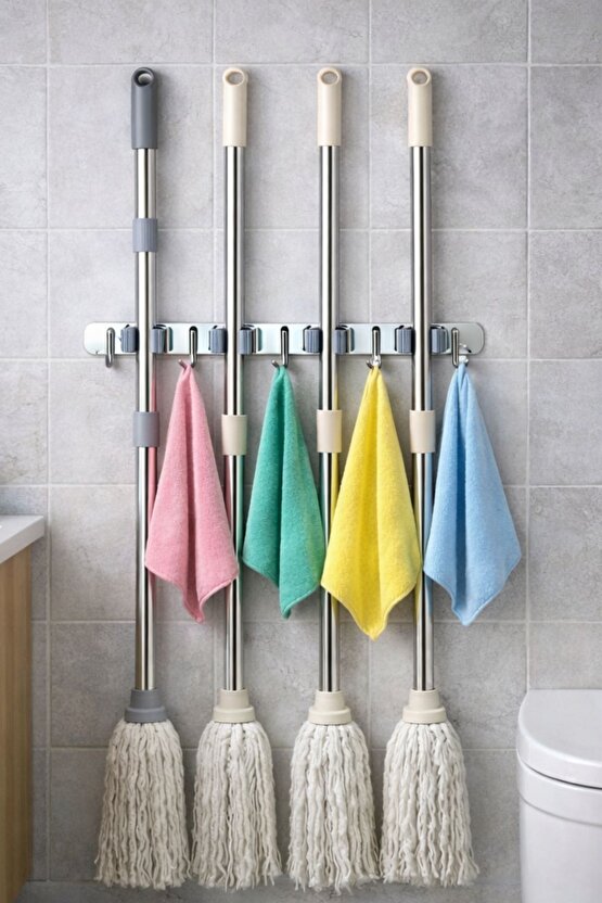 5 Kancalı 4 Mop Tutucu Paspas ve Süpürge Tutucu Askılık | 304 Paslanmaz Çelik Duvar Askısı