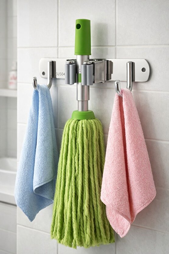 Mop Bez Havlı Askısı Duvara Monte – Paslanmaz Çelik Temizlik Aparatı Askılığı 304 Çelik
