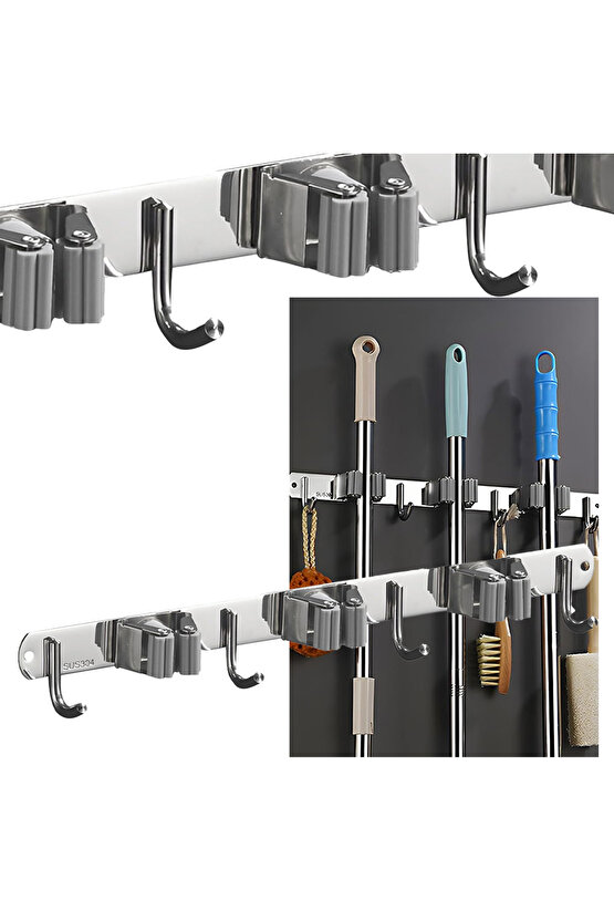 Dört Kancalı Askılık Üç Klıpslı Paspas Süpürge Tutucu