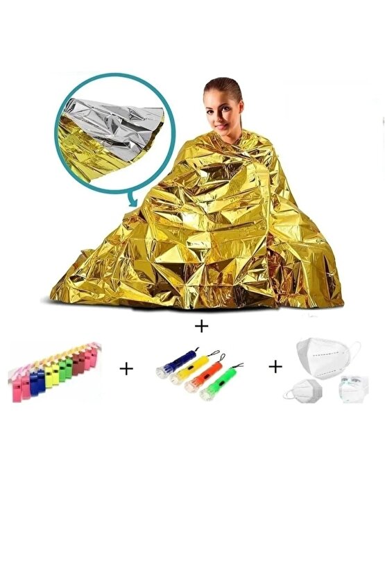 Deprem Acil Durum Kiti - 4 Adet Gri Termal Battaniye 4 Adet El Feneri 12 Adet Düdük