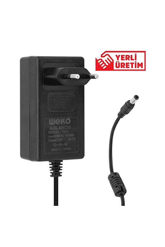12 Volt - 3 Amper - 36 Watt 5.5*2.5 Uçlu Yerli Üretim Plastik Kasa Priz Tip Adaptör