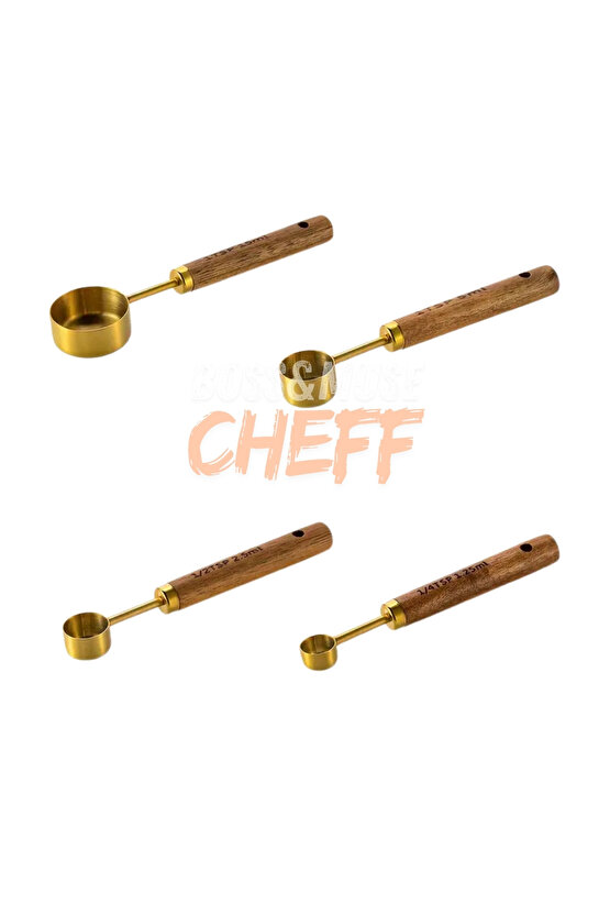 4 Adet Büyük Boy Paslanmaz Çelik Ahşap Saplı Ölçü Kaşığı Seti Ölçü Kabı Hediyeli