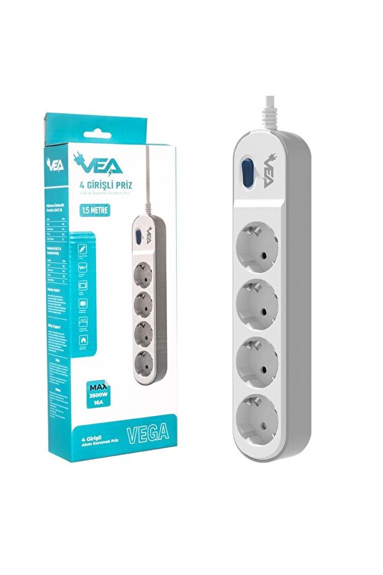 VE-VEGA104 A Class 4lü Anahtarlı 1.5 Metre Akım Korumalı Priz