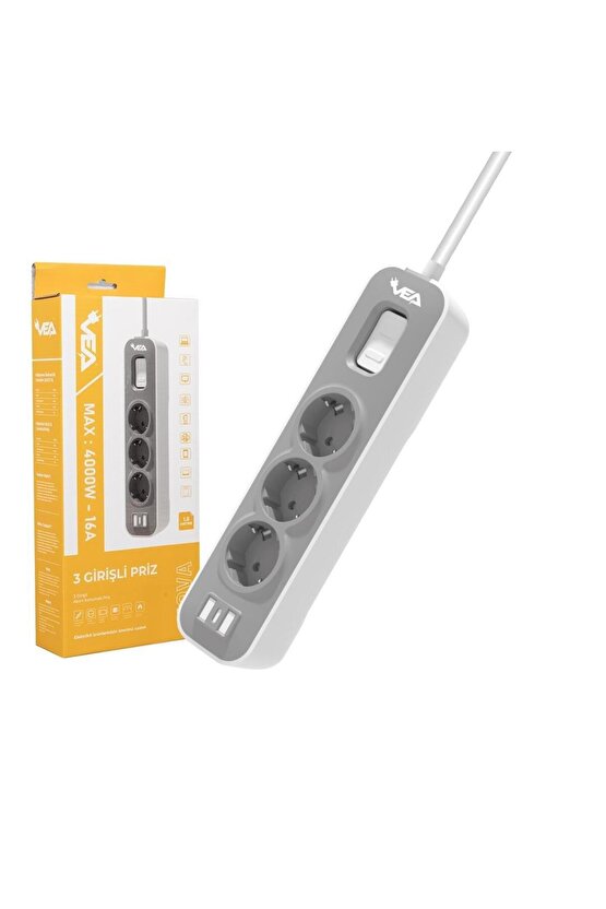 VE-NOVA103 A Class 3lü Anahtarlı 1.5 Metre Akım Korumalı Priz