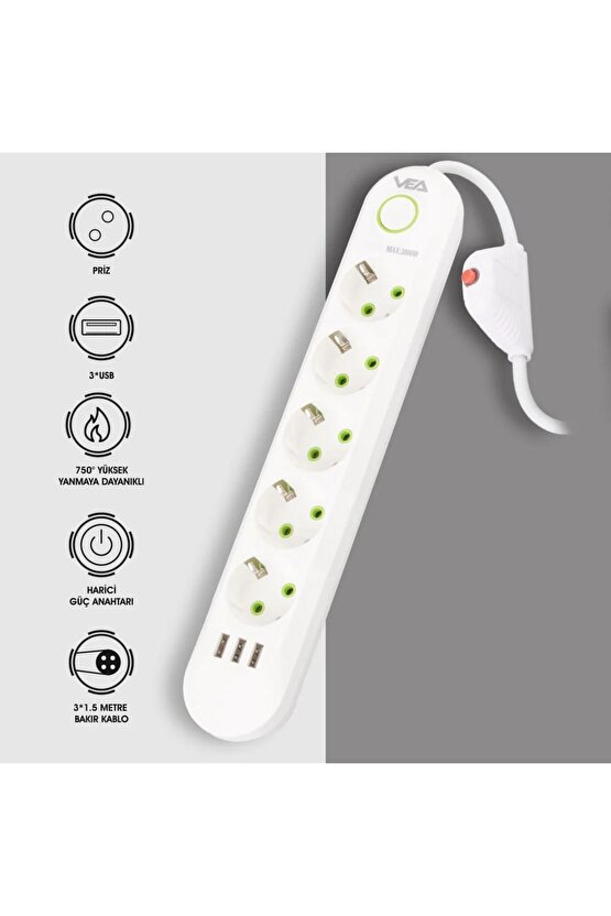 shpwave 5Lİ 1.5 METRE KABLOLU 3 USBLİ BEYAZ AKIM KORUMALI PRİZ BAKIR KABLO HARİCİ GÜÇ ANAHT
