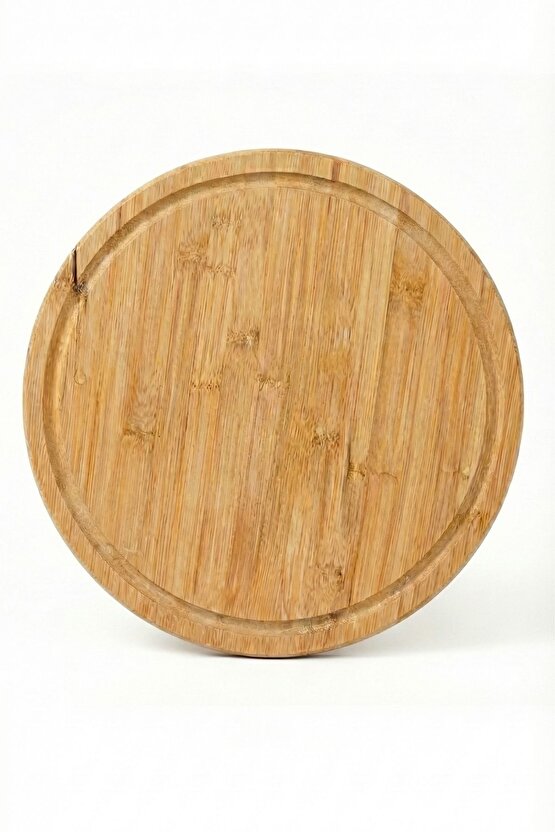 34 Cm Doğal Bambu Yuvarlak Kesme Tahtası, Sunum, Pizza ve Steak Tabağı
