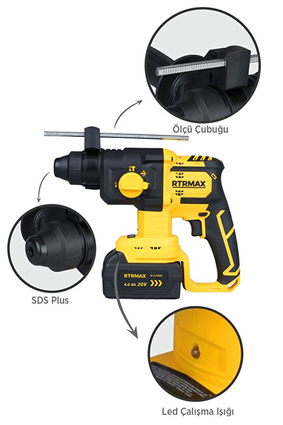 Rts5040 Şarjlı Sds Plus Kırıcı Ve Delici Kömürsüz 1.8jul 26mm 2x4 Ah 20v Çift Akü S-lion - Akü Dahil