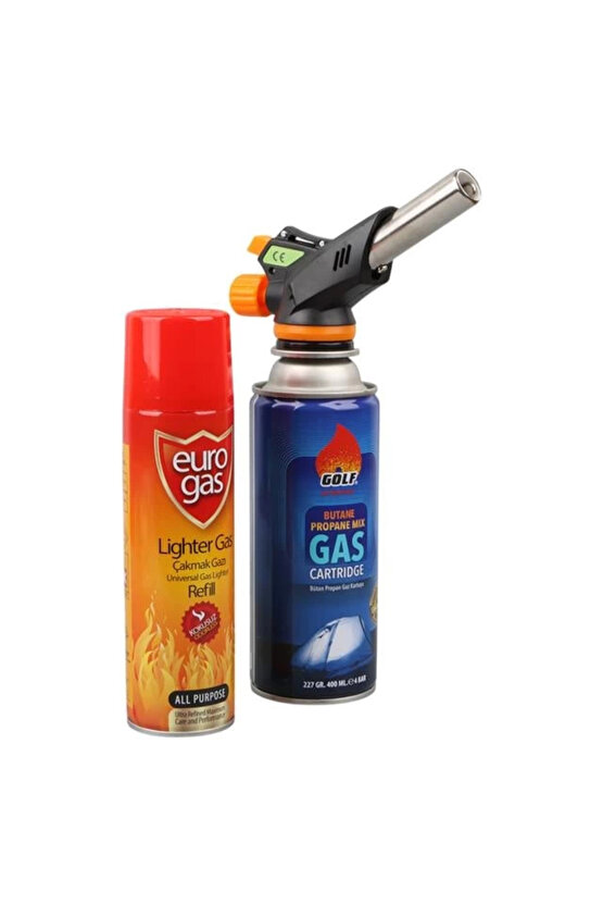 Profesyonel 3lü Pürmüz Başlığı Seti (Butan Propan Gaz Kartuşu 400ML Çakmak + Çakmak Gazı 270