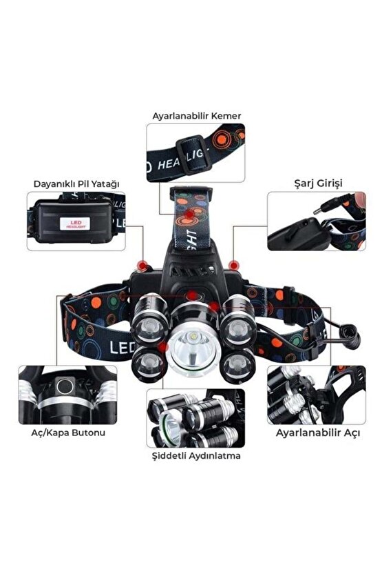 MX-501 5 Power Ledli Su Geçirmez 18650 Pilli Şarj Edilebilir Kafa Feneri