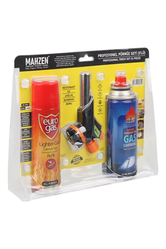 Mahzen Profesyonel 3lü Pürmüz Başlığı Seti (Butan Propan Gaz Kartuşu 400ML Çakmak + Çakmak Gazı 270