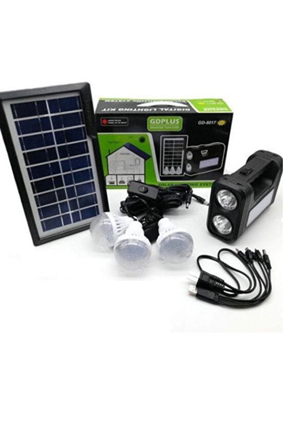 Gd-8017t Panelli Solar Lamba 3 Ampullü Set Akülü Solar Işıldak Fener