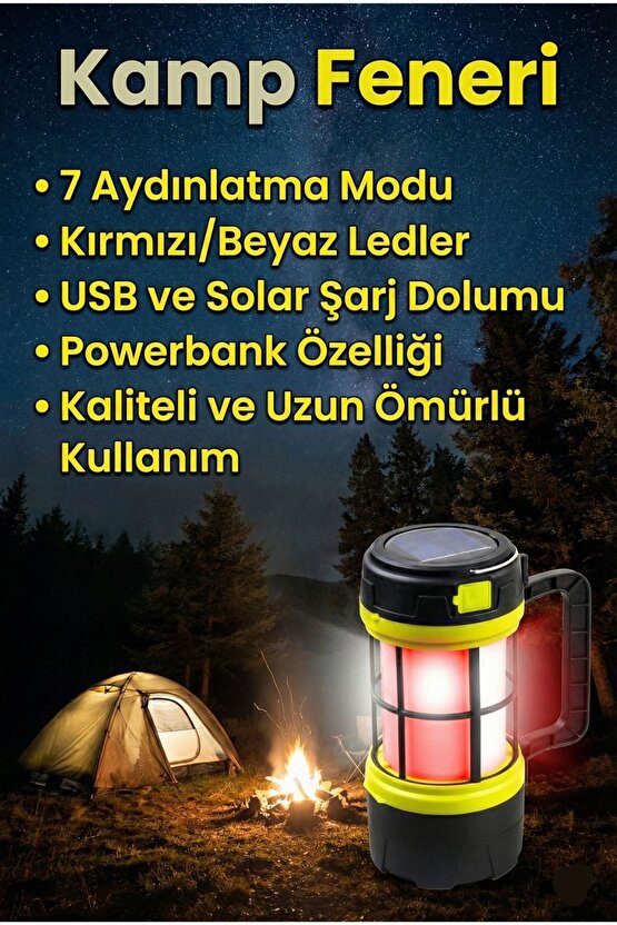7 Farklı Mod Powerbank Özellikli Solar Kamp El Feneri Işıldak - Kırmızı Beyaz Led