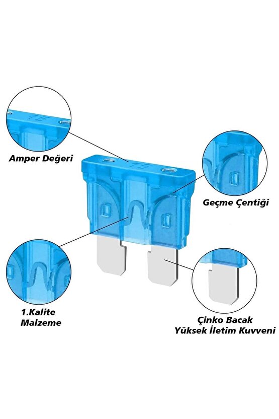 15 Amper Aşırı Yük ve Kısa Devre Koruma Bıçaklı Oto Sigortası (100lü Paket)