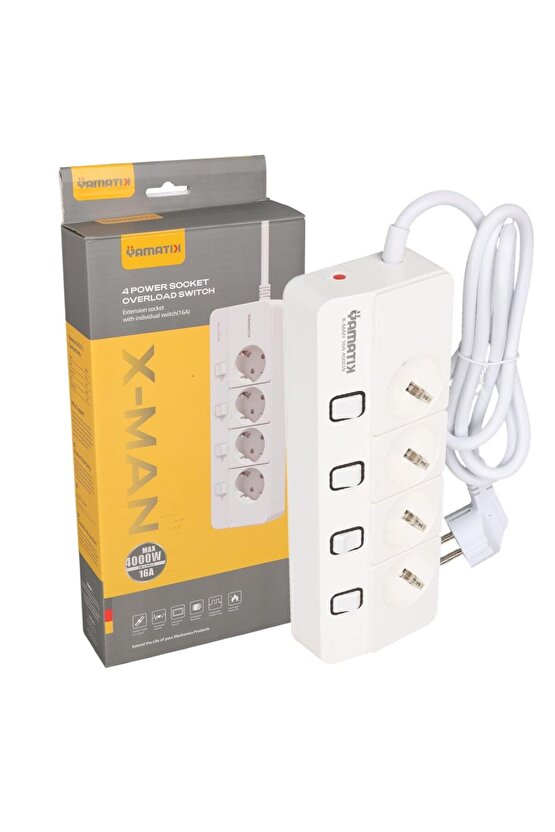 Yamatik X-MAN-104 A-CLASS 4lü Ayrı Anahtarlı 2 Metre Akım Korumalı Grup Priz 1400 Joule