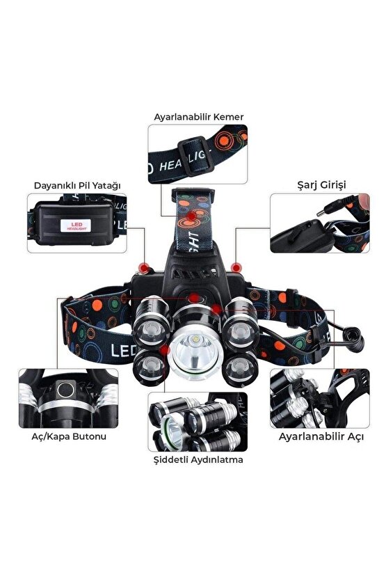 MX-501 5 Power Ledli Su Geçirmez 18650 Pilli Şarj Edilebilir Kafa Feneri