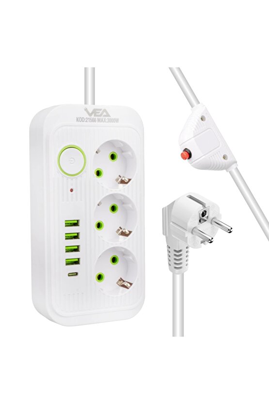 Vea Va-21566 3lü 1.5 Metre Kablolu 4 Usbli+ Type-c Beyaz Akım Korumalı Priz