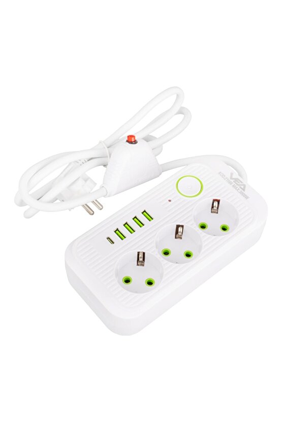 Vea Va-21566 3lü 1.5 Metre Kablolu 4 Usbli+ Type-c Beyaz Akım Korumalı Priz