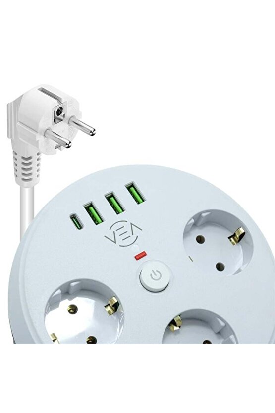 Vea VE-26583 3'LÜ 1.5 Metre Kablolu 3 USB  TYPE-C Girişli Akım Korumalı Grup Priz (5273)