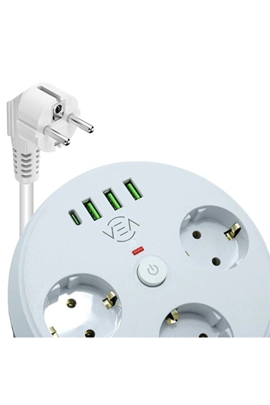 VE-26583 3LÜ 1.5 Metre Kablolu 3 USB  TYPE-C Girişli Akım Korumalı Grup Priz