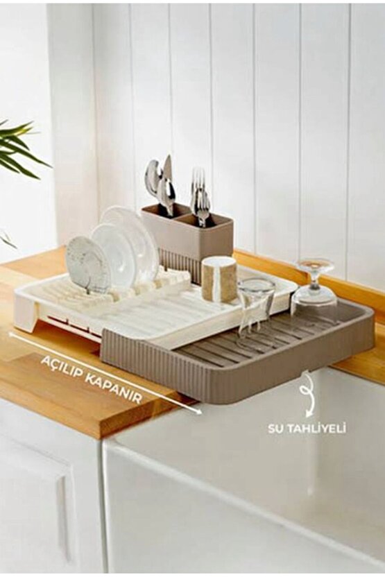 Kahverengi Sürgülü Bulaşıklık – Ayarlanabilir Paslanmaz Plastik Bulaşık Süzeği ve Kurutmalık