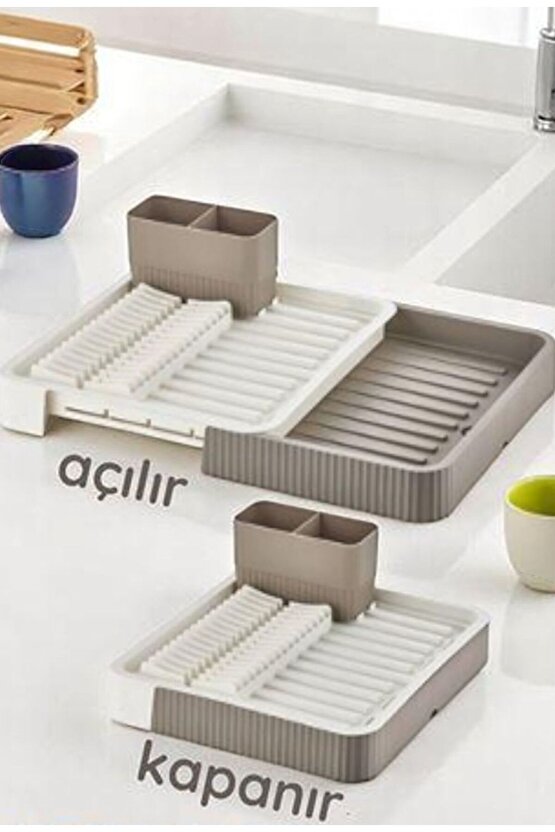 Kahverengi Sürgülü Bulaşıklık – Ayarlanabilir Paslanmaz Plastik Bulaşık Süzeği ve Kurutmalık