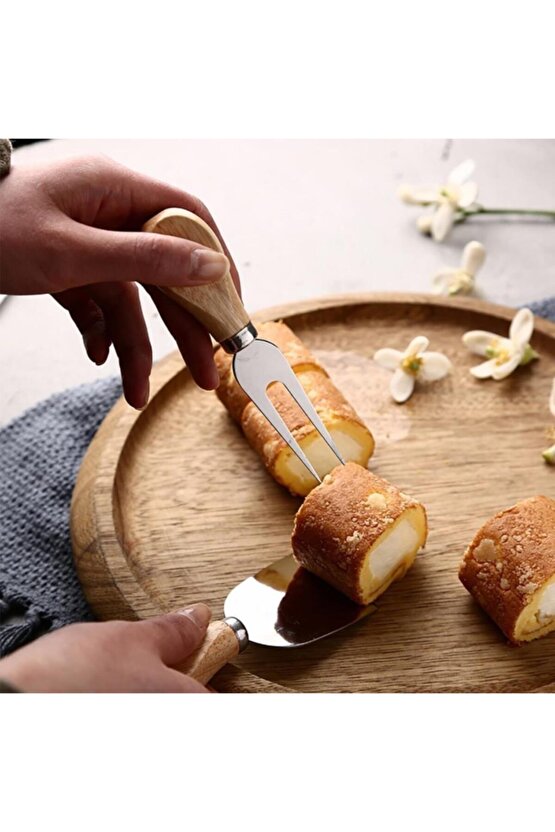 Ahşap Saplı Paslanmaz Çelik Peynir Bıçakları Servis Seti 4 Parça