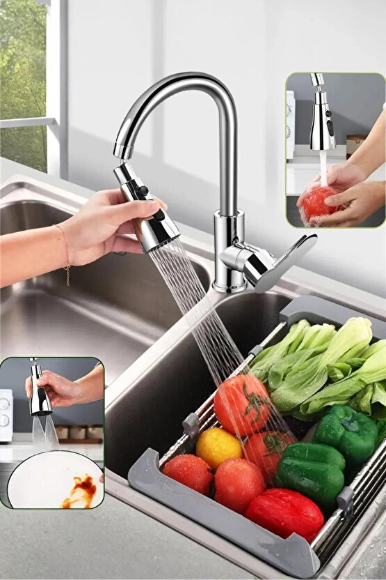 3 Fonksiyonlu Dönebilen Metalik Musluk Başlığı | Su Tasarruflu ve Ayarlanabilir Başlık