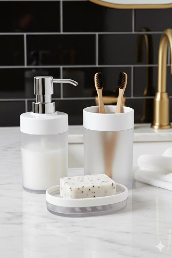 3 Parça Beyaz Banyo Seti | Krom Görünümlü Plastik Başlıklı Sabunluk + Diş Fırçalık + Sabunluk