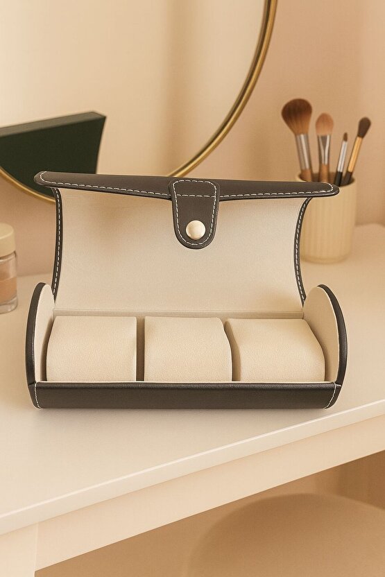 Siyah Deri Beyaz Dikişli 3’lü Saat Kutusu 19x9 cm