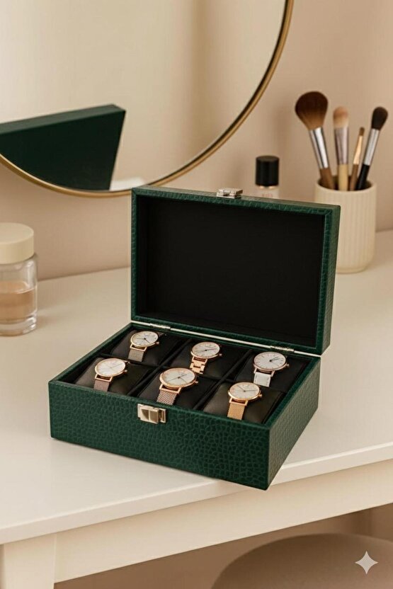 Yeşil Timsah Deri 6 Bölmeli Saat Kutusu – Modern ve Zarif Tasarım 24x15x8 cm
