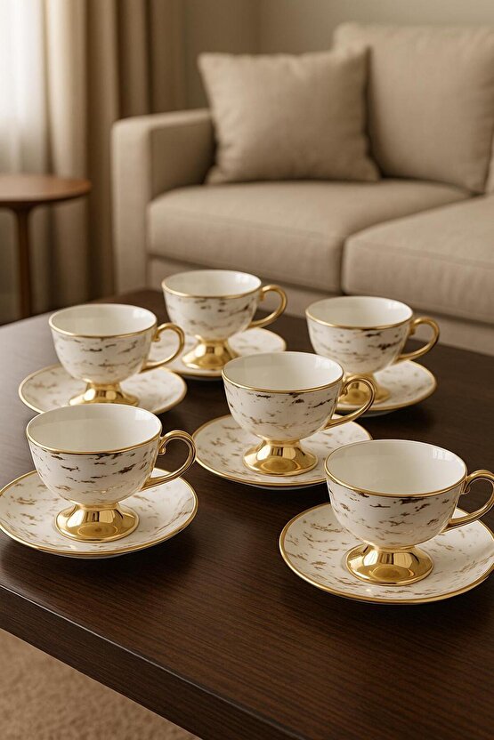Beyaz Gold Desenli Lüks 6’lı Porselen Kahve Fincan Takımı