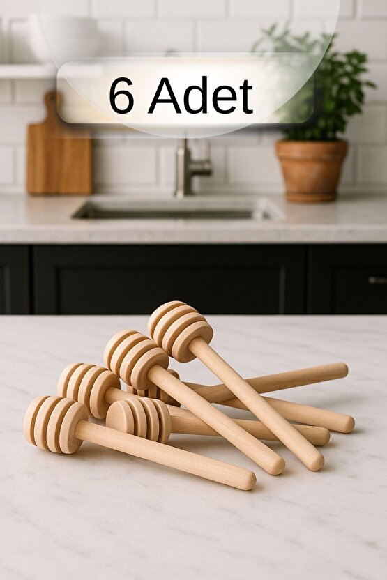 6 Adet Ahşap Bal Kaşığı Seti Bal Damlalığı Bal Servis Kaşığı