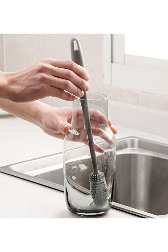 Uzun Saplı Silikon Bardak Kavanoz ve Biberon Yıkama Fırçası