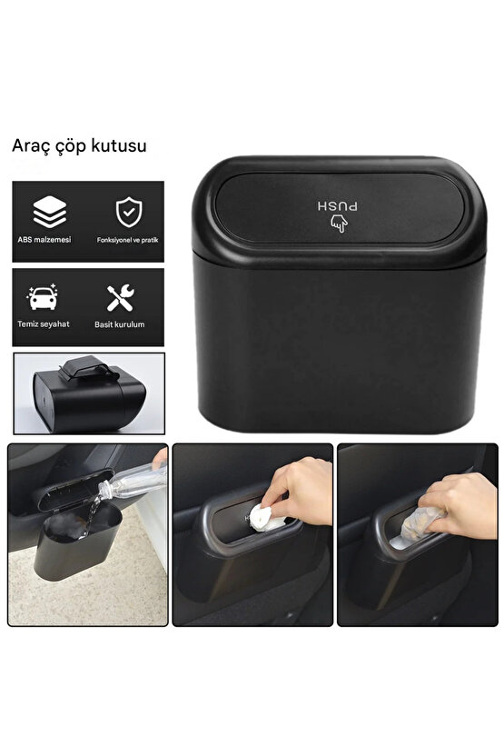 Araba Çöp Kutusu Portatif Araç İçi Taşınabilir Kapaklı Organizer Çöp Kovası İtme Kapaklı Kova(SİYAH)