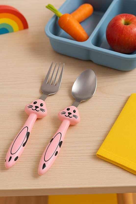 PEMBE Tavşan Figürlü Çocuk Çatal Kaşık Seti Paslanmaz Çelik Bebek Çattal Kaşık Set