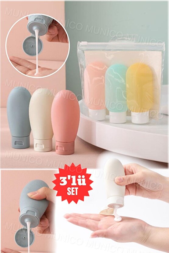 Sızdırmaz Krem ve Şampuan Kapları Seyahat İçin 3 Adet 60 ML Şişe Seti Tatil İçin İdeal Boy Şişeler