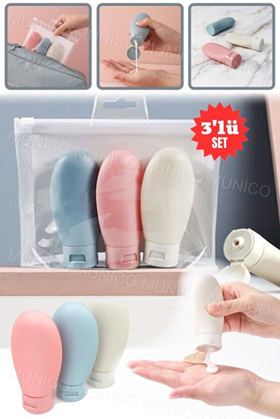 Sızdırmaz Krem ve Şampuan Kapları Seyahat İçin 3 Adet 60 ML Şişe Seti Tatil İçin İdeal Boy Şişeler