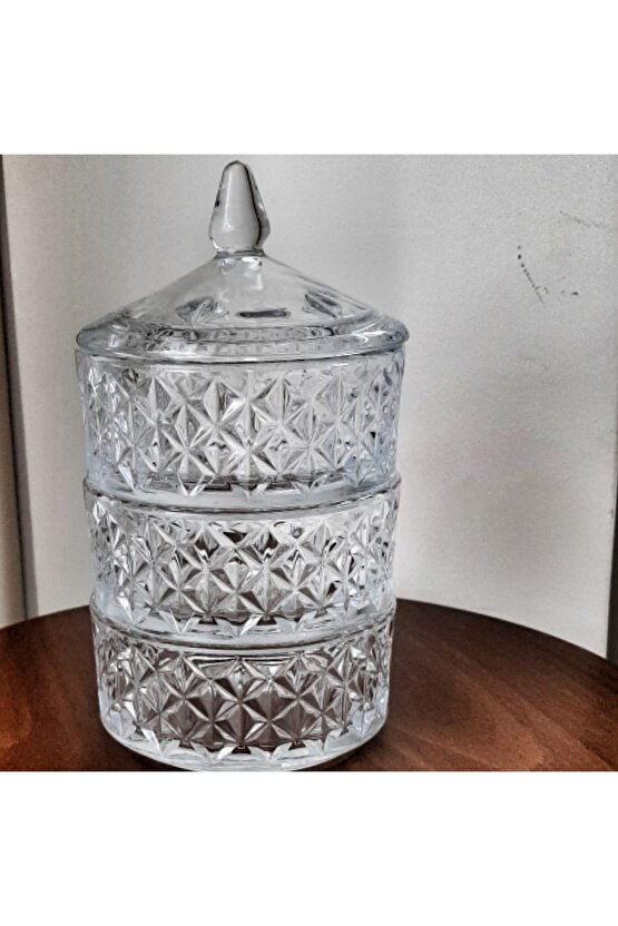 Kristal Görünümlü Cam Kurabiyelik 3 Katlı Lüx Baharatlık 12,5 Cm