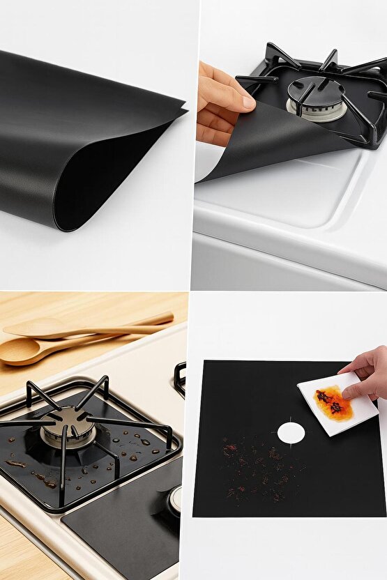 Siyah Teflon Ocak Koruyucu Mat – 4’lü Set, Yıkanabilir, Kesilebilir