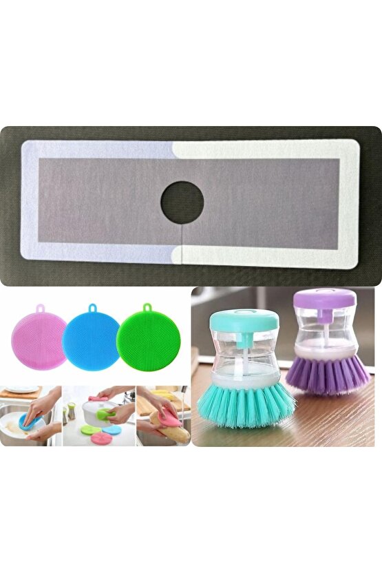 Su Emici Musluk Kenar Matı +Pratik Hazneli Bulaşık Fırçası+Silikon Bulaşık Yıkama Fırçası Tükenmeyen