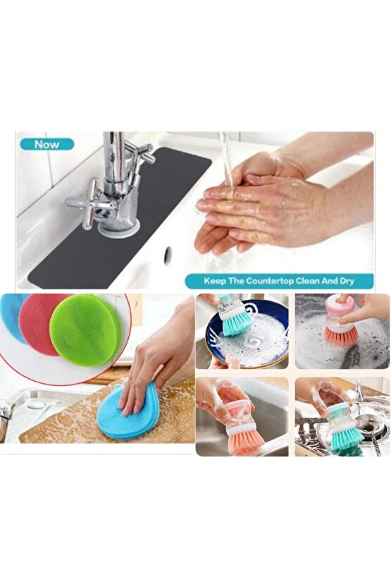 Su Emici Musluk Kenar Matı +Pratik Hazneli Bulaşık Fırçası+Silikon Bulaşık Yıkama Fırçası Tükenmeyen